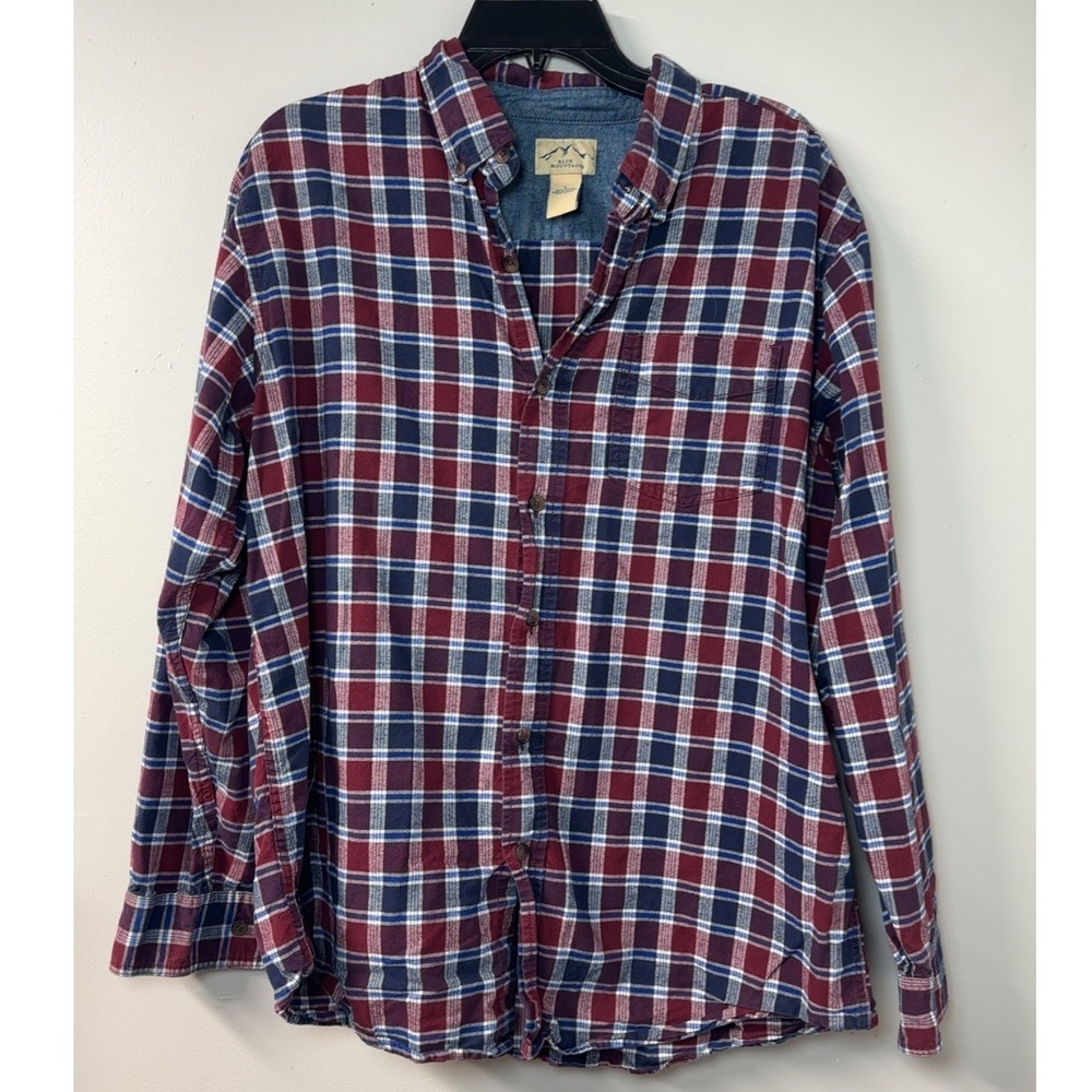 Blue Mountain | Mens Red/White/Blue Plaid Button Up Shirt | Size L
